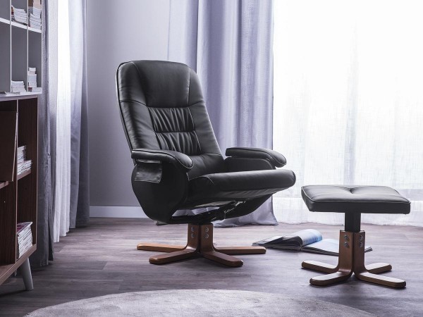 Massagesessel "Basel" TV Leder Sessel schwarz mit Hocker! Schöner günstiger Fernsehsessel