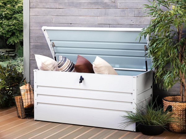Outdoor Stahlbox 132 cm Kissenbox 400 Liter Auflagentruhe weiß grau anthrazit grün Box Aufbewahrungskiste für Kissen Polster Auflagen Werkzeug