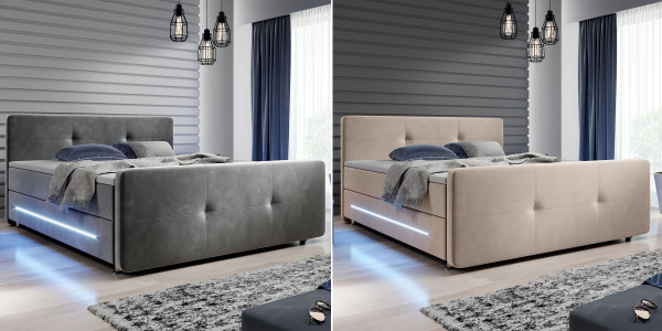 Boxspring Bett Havanna mit Stoffbezug Boxspringbett grau beige mit LED Beleuchtung, Matratze und Topper Matratzenauflage 120 / 140 / 180 x 200 cm