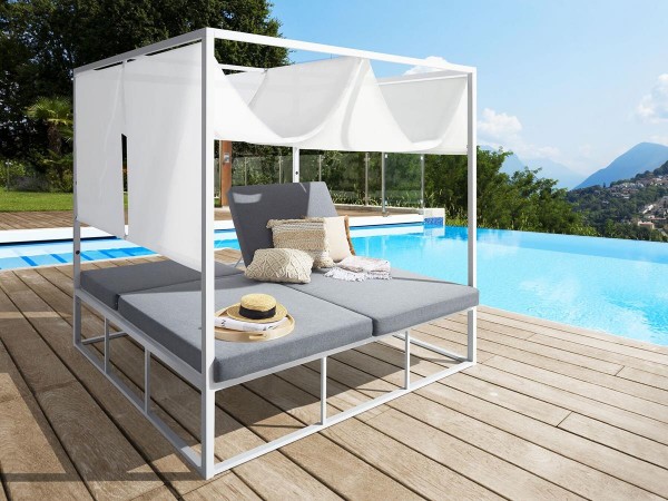 Double sun lounger Paris pavilion garden sun island sun bed furniture sun protection color white aluminium