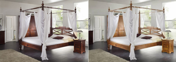 Massivholz Himmelbett aus Akazienholz nougat oder honig mit Bezugstoff weiss Luxus Holzbett Traumbett günstig