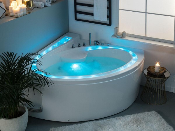 Whirlpool Badewanne Havanna Basic 164x148 cm weiss mit 10 Massage Düsen + LED Bachlauf Wasserfall Luxus Eckwanne für Bad günstig