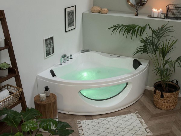 Whirlpool Badewanne Toskana weiss mit 10 Massage Düsen Glas LED Beleuchtung 138x138 oder 146x146 cm Luxus Spa für Bad