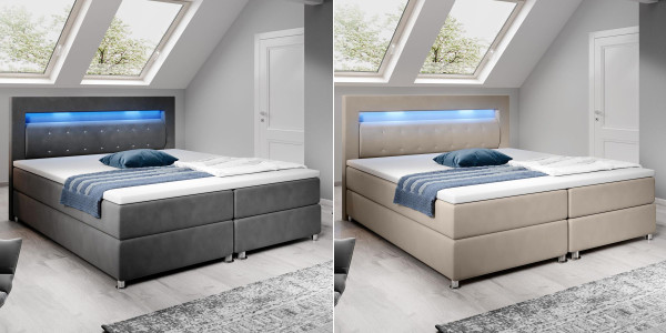 Boxspring Bett Venedig mit Stoffbezug Boxspringbett grau beige mit LED Beleuchtung, Strasssteine, Matratze und Topper Matratzenauflage 120 / 140 / 180 x 200 cm
