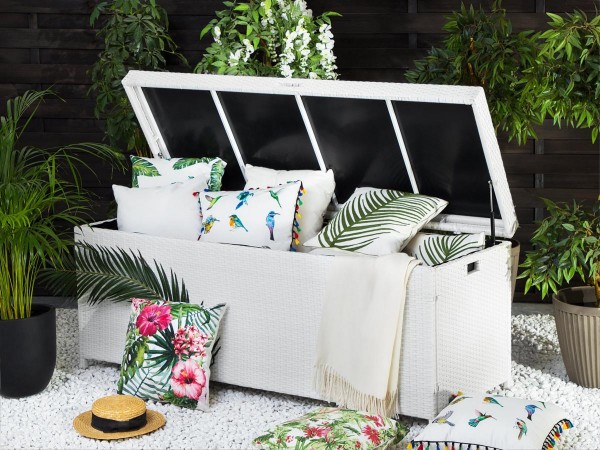 Garden rattan box XXL 158 cm storage box white or grey for sunbed topper pillows pads or upholstery