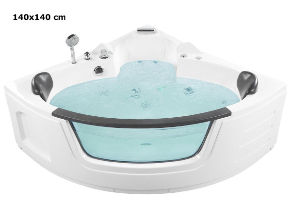 Whirlpool Badewanne Mallorca WEISS 140x140 + 144x144 + 155x155 cm mit 12 Massage Düsen Glas LED Beleuchtung Luxus Spa für Bad günstig