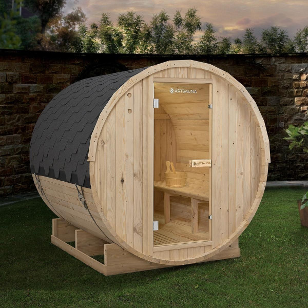 Outdoor Fasssauna Holz Saunafass Speyer L 180x195 cm Ø180 cm Komplett Set mit Saunaofen 6 KW Ofen und Zubehör Sauna für 4 Personen