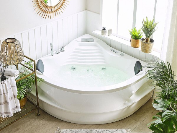 Whirlpool Badewanne St. Tropez 145x145 cm mit 14 Massage Düsen Heizung Ozon Bluetooth Wasserfall LED