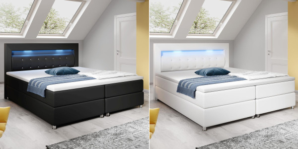 Leder Boxspring Bett Mailand Boxspringbett schwarz weiss mit LED Beleuchtung, Strasssteine, Matratze und Topper Matratzenauflage 120 / 140 / 180 x 200 cm