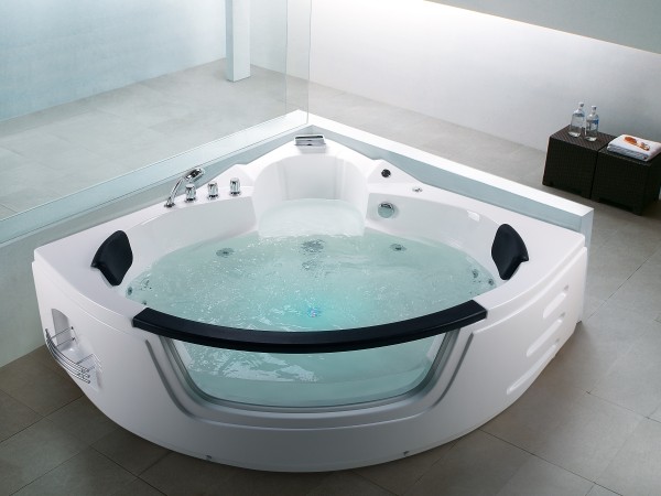 Whirlpool Badewanne Mallorca WEISS 140x140 + 144x144 + 155x155 cm mit 12 Massage Düsen Glas LED Beleuchtung Luxus Spa für Bad günstig