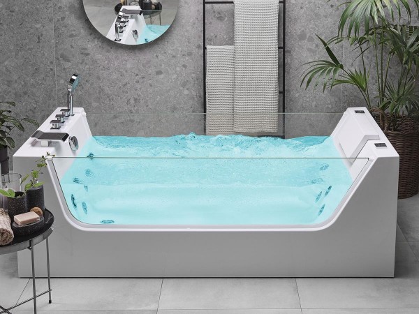 Freistehende Whirlpool Badewanne Osaka 170x80 cm mit 5 Massage Düsen Glas LED Luxus Spa für Badezimmer