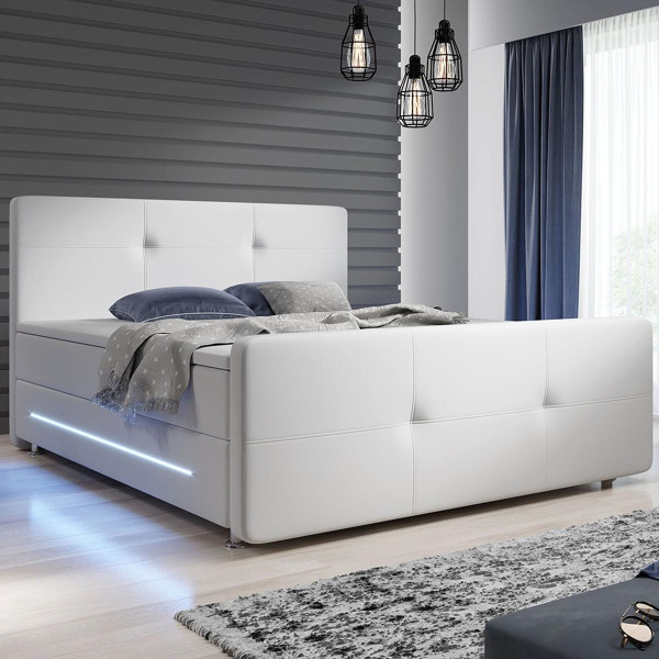 leather box spring bed Orlando black or white with LED lighting, mattress and topper pad 140 / 180 x 200 cm