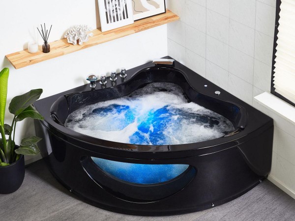 Whirlpool Badewanne Toskana schwarz mit 10 Massage Düsen Glas LED Beleuchtung 138x138 oder 146x146 cm Luxus Spa für Bad
