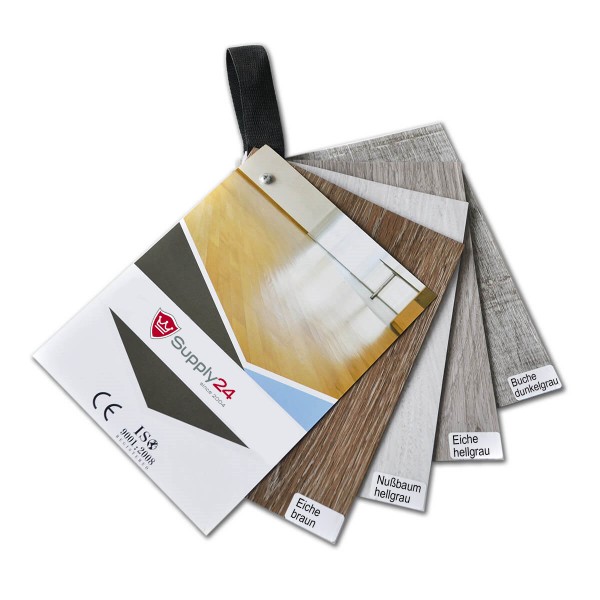 Sample book of our vinyl floors oak dark brown, oak light grey, walnut light gray for a color and structural view of robust imitation wood floor pattern wood look