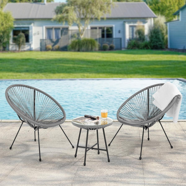 Designer Gartenstühle mit Tisch Oslo hellgrau 3 teilig Set aus Stahl Rattan Sessel Balkonstühle Tisch Gartenmöbel Gartenstuhl stabil Terrasse Garten Balkon