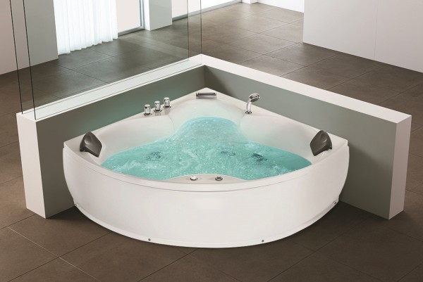 Whirlpool Eck Badewanne Monaco weiss 145x145 cm Eckwanne mit 12 Massage Düsen LED Beleuchtung Wasserfall Spa für Bad innen