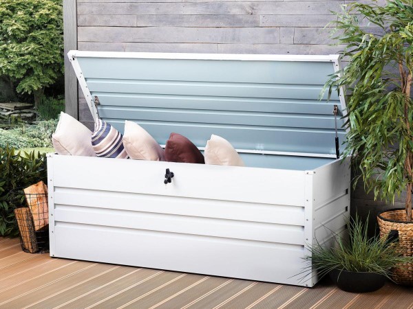 Outdoor XXL Stahlbox 165 cm Stahl Box 600 Liter Werkzeugkiste weiß grau anthrazit grün Aufbewahrungstruhe für Kissen Polster Auflagen Werkzeug