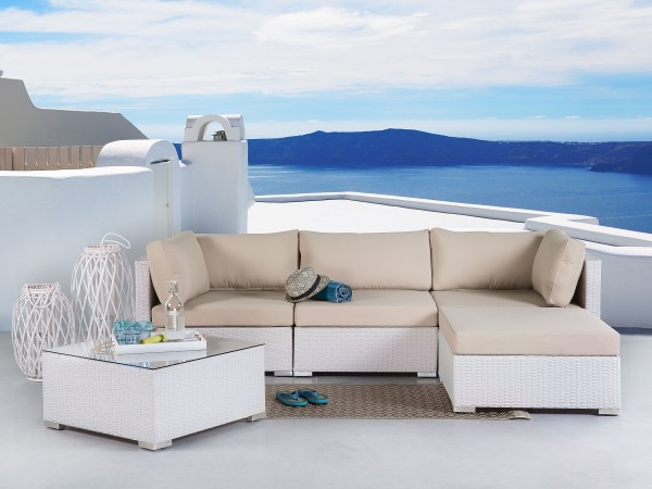 Rattan garden furniture set „Sun“ rattan lounge for garden terrace balcony couch rattanlounge white + beige