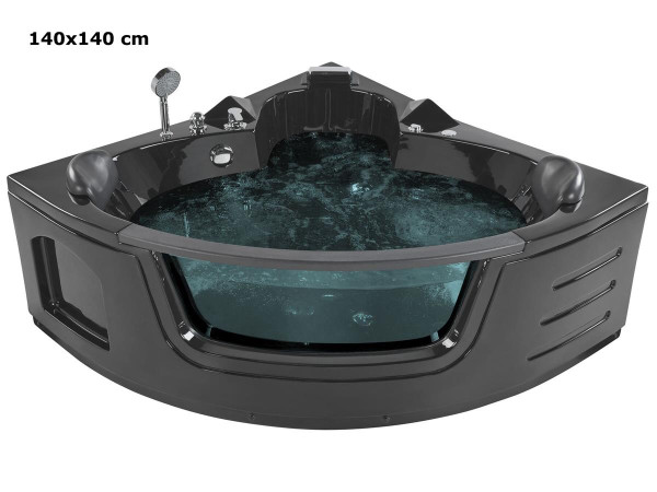 Whirlpool Badewanne Mallorca SCHWARZ 140x140 + 144x144 + 155x155 cm mit 12 Massage Düsen Glas LED Beleuchtung Luxus Spa für Bad günstig