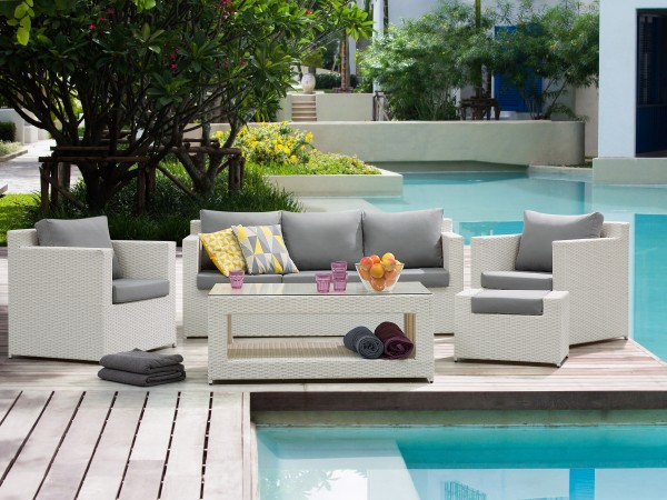 Rattan Gartenmöbel Set "Rio" Sitzgruppe Rattanlounge für Garten Terasse Balkon Couch Rattanmöbel weiss grau